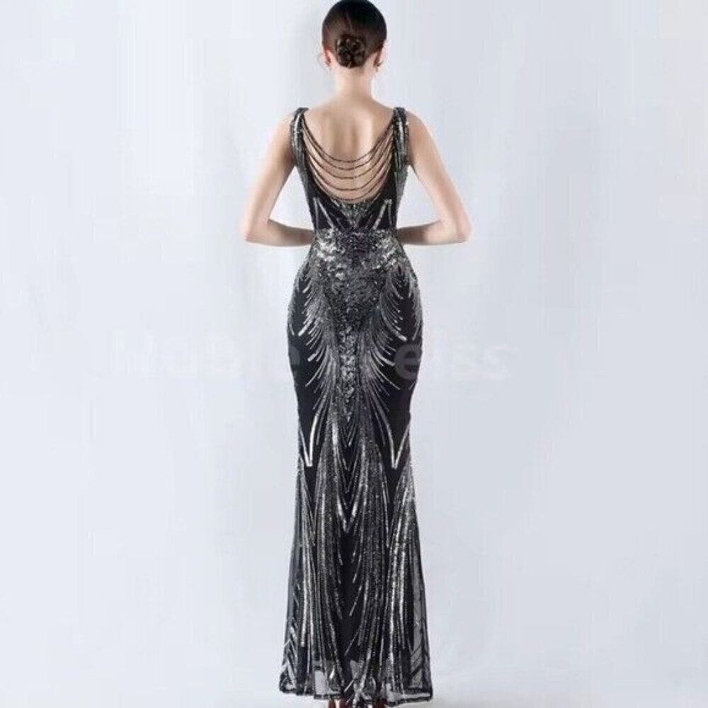 Black, Draped Skirt, Beaded Back,  V Neck,  Sleeveless, Sequined Mermaid… - Picture 9 of 12